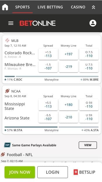 BetOnline мobile version - the best sports betting app in the US